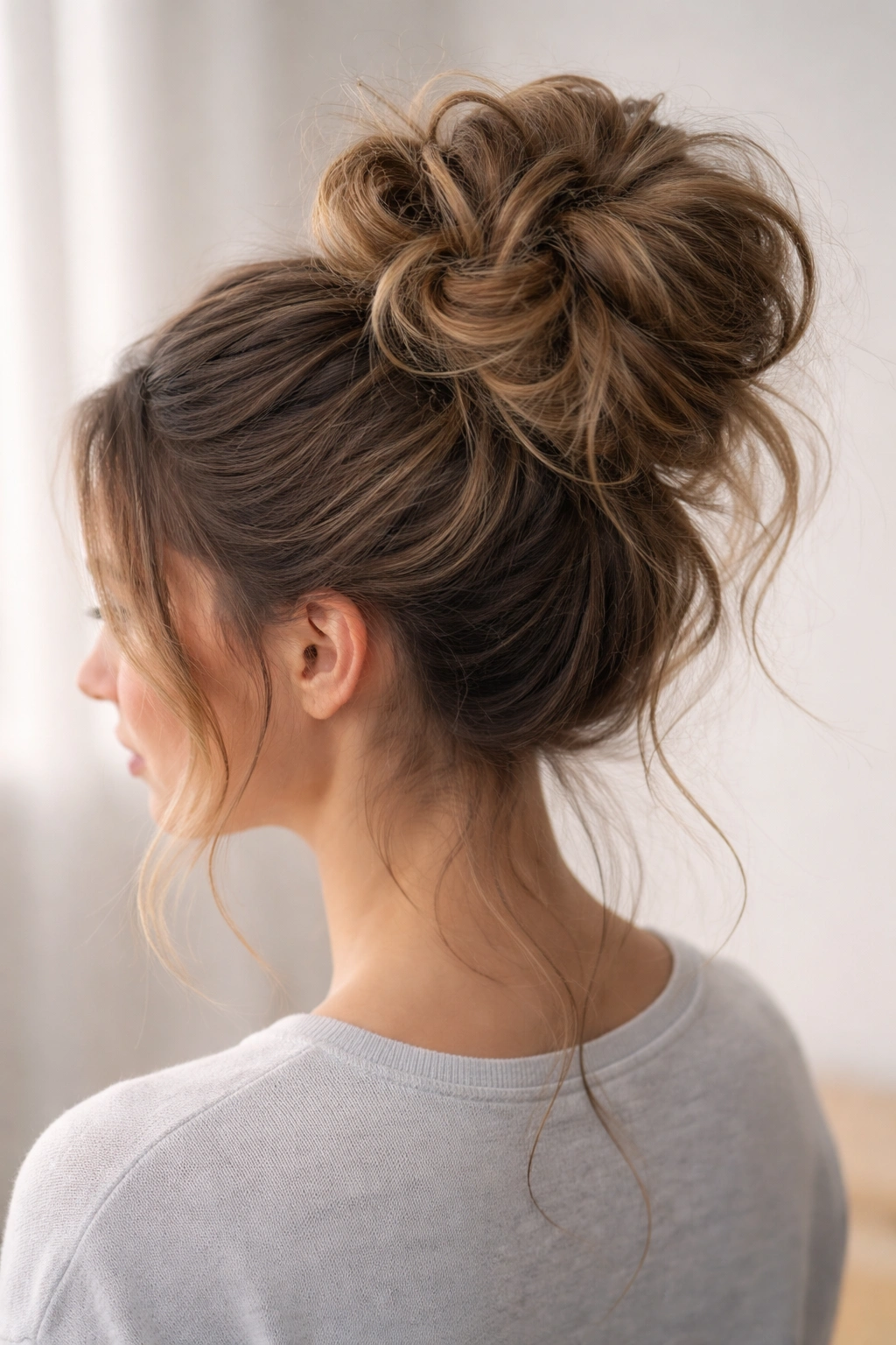 Very full, voluminous messy bun with visible texture on thick hair.