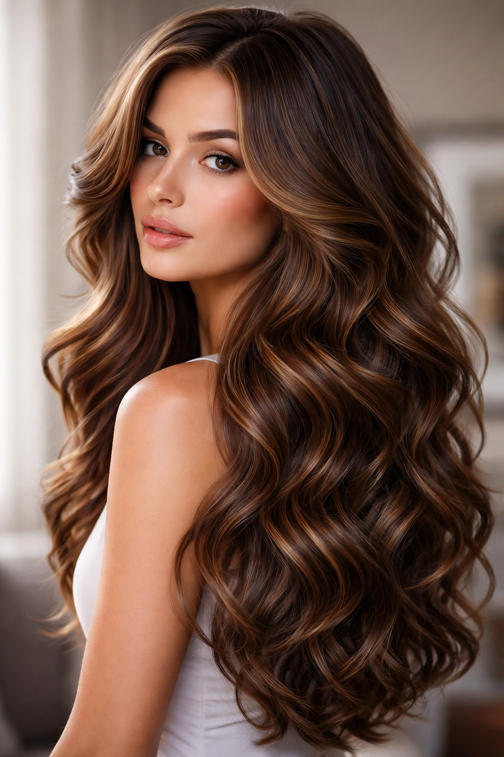 Bold, chunky waves on long butterfly layers in a three-quarter profile