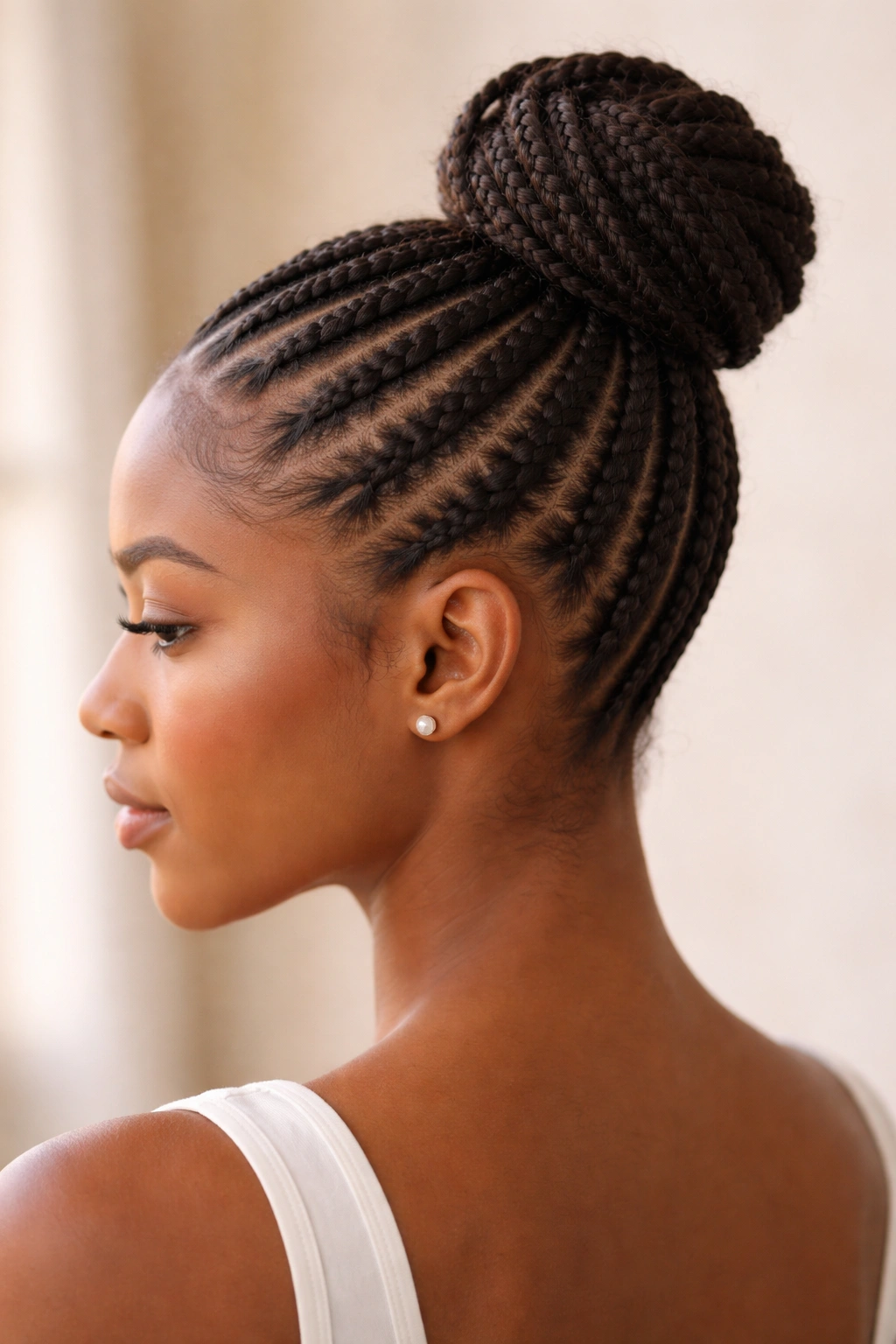 Thin cornrows gathered into a high bun