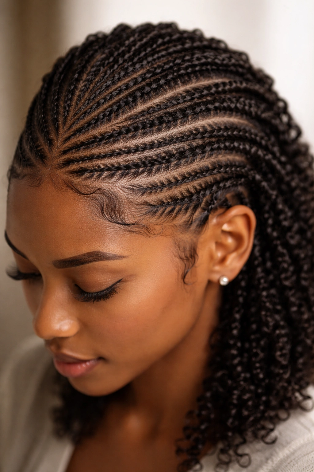 Lace-like pencil-thin flat twists across the scalp on natural hair.