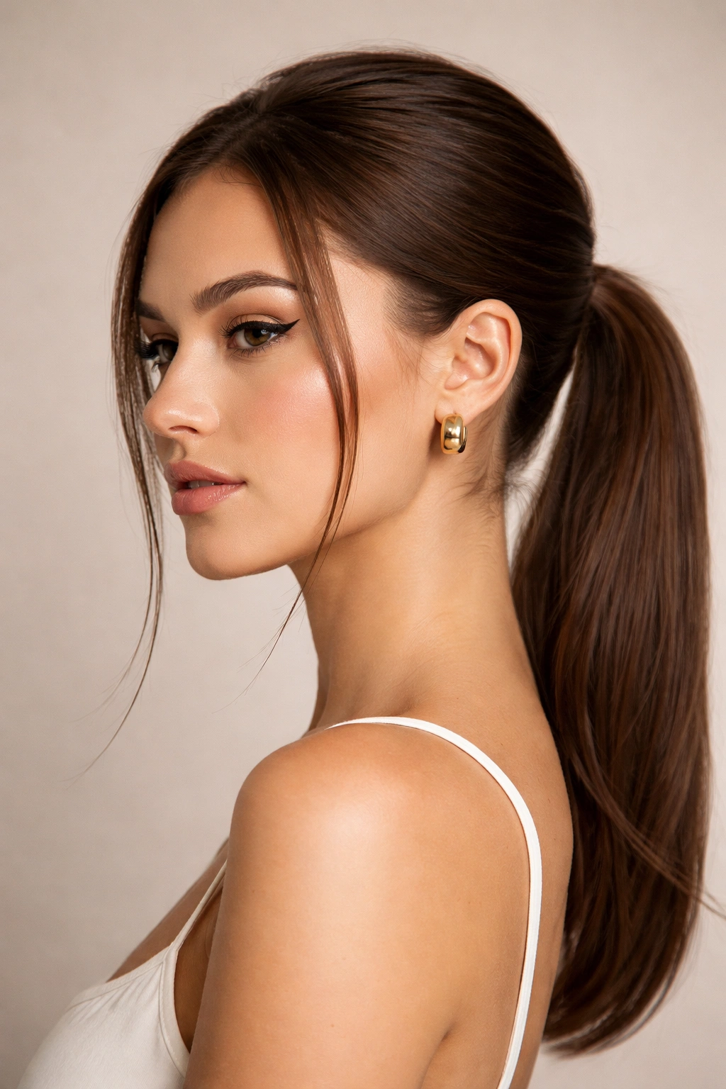 Portrait of a person with a sleek low ponytail and a thin face-framing layer