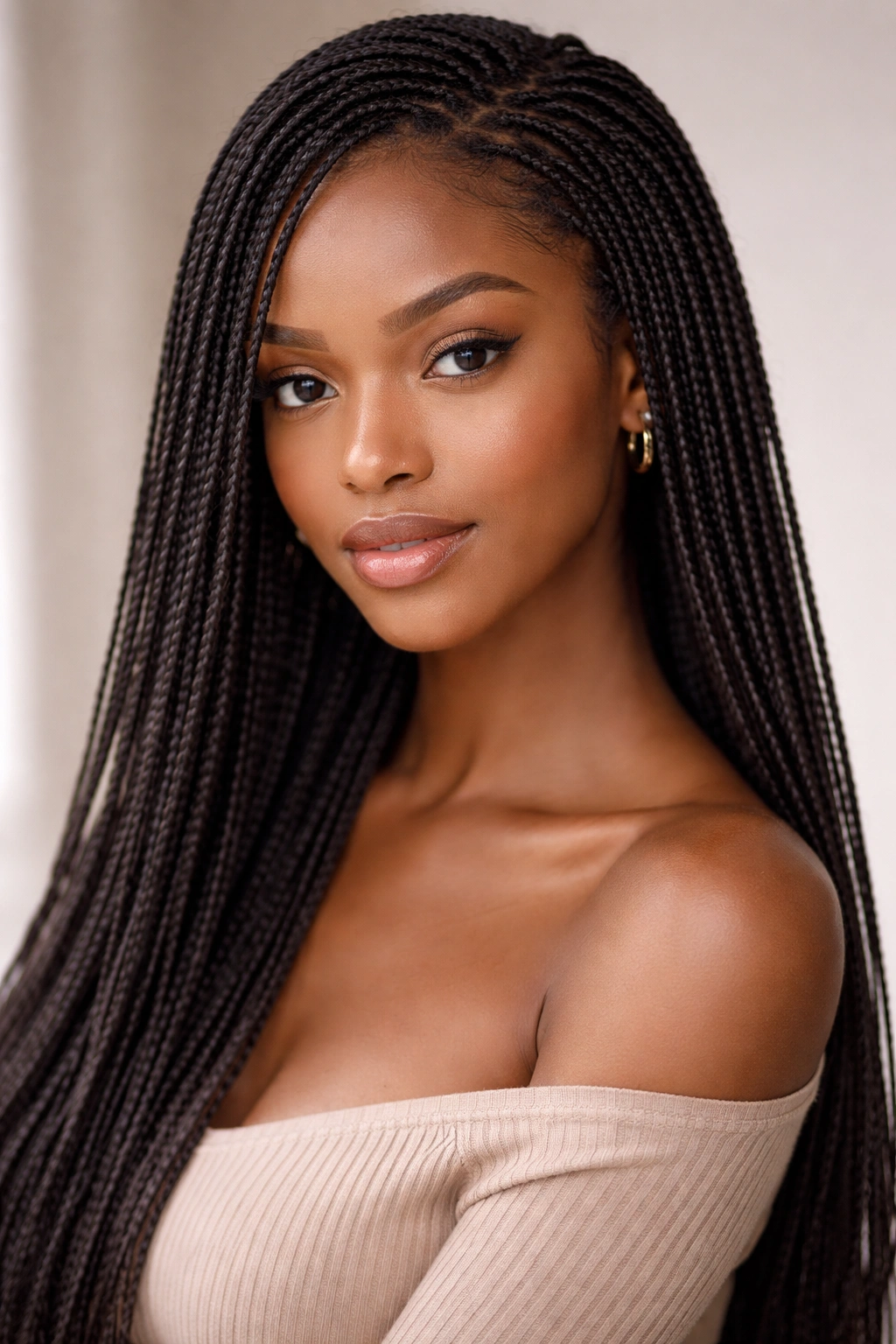 Close-up of dozens of thin Senegalese twists with added synthetic hair.