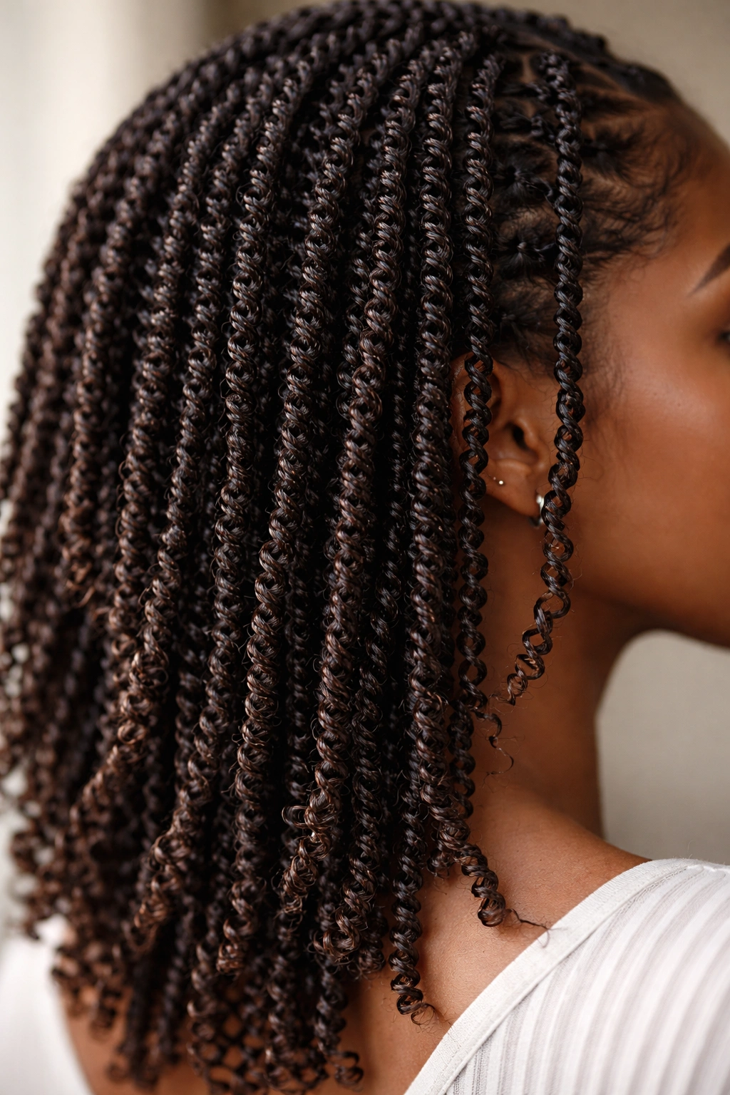 Close-up of thin defined twists with crisp curl definition
