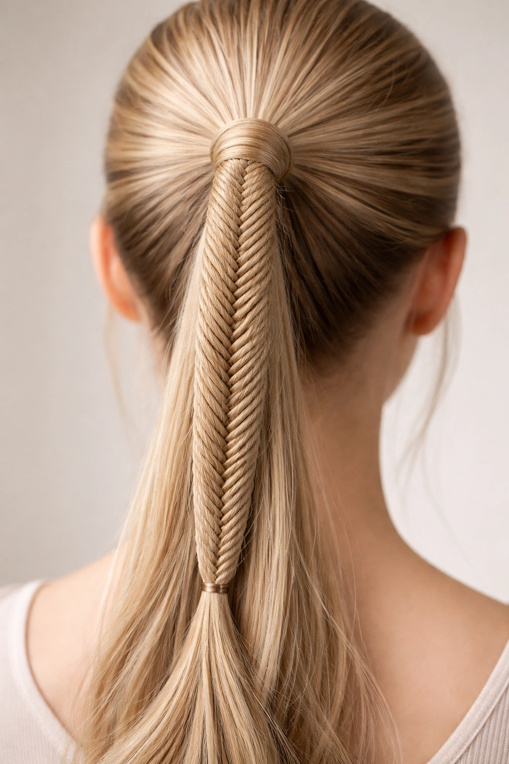 Close-up of fine hair with a tiny fishtail weave into a ponytail