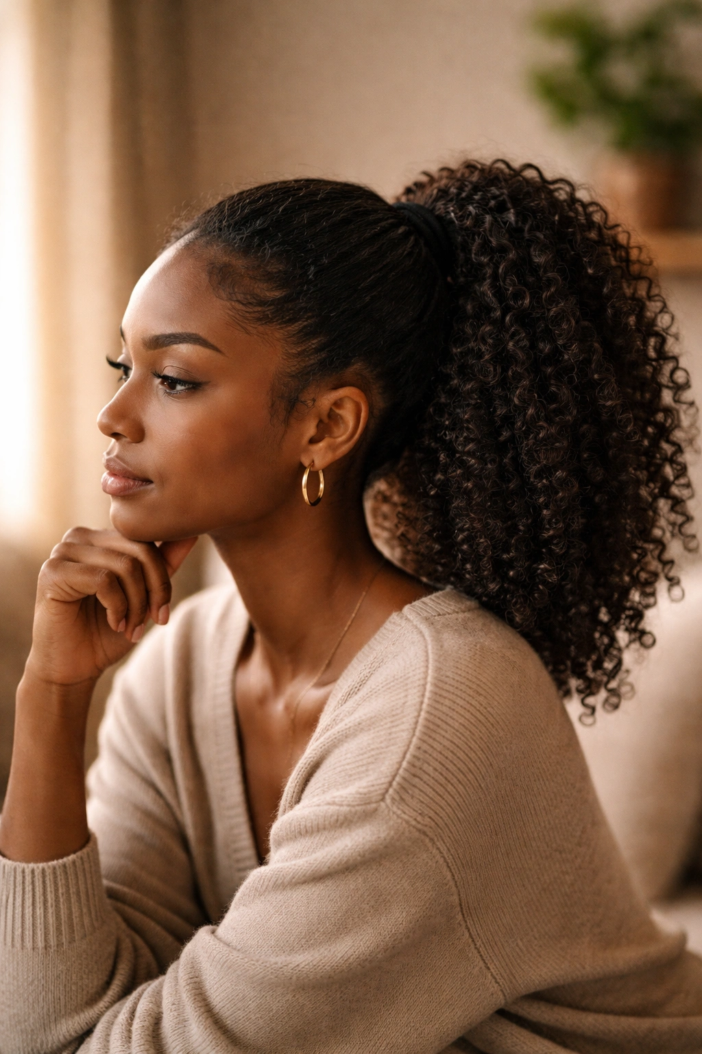 Side profile of person with ponytail in thoughtful pose