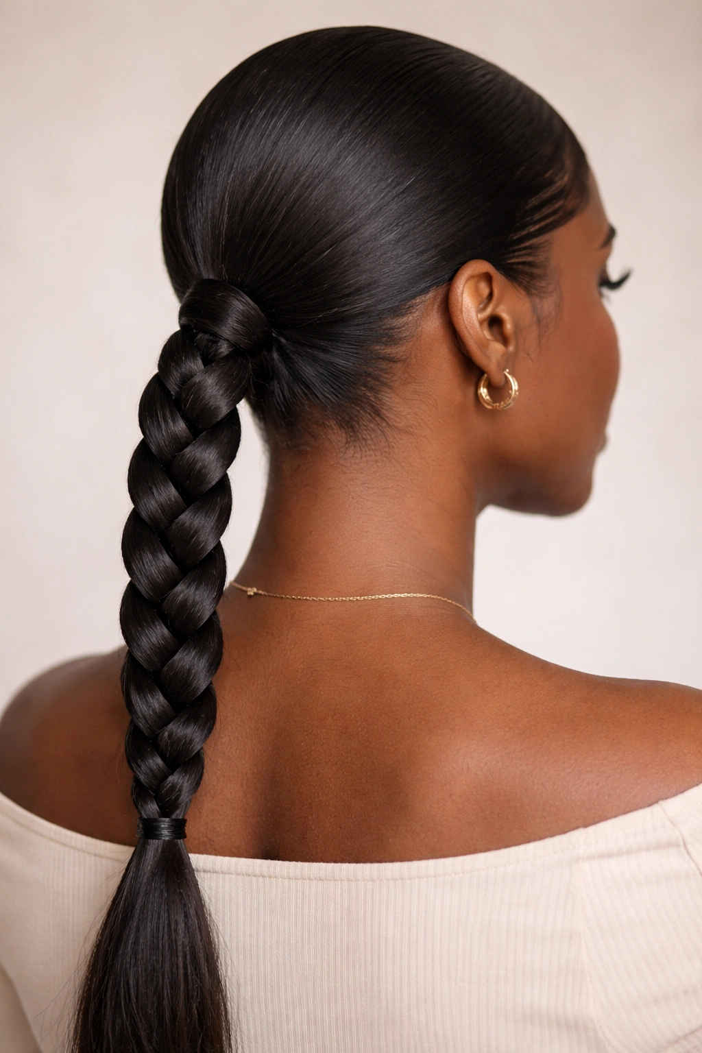 Close-up of a low ponytail with a tight three-strand braid from root to tip