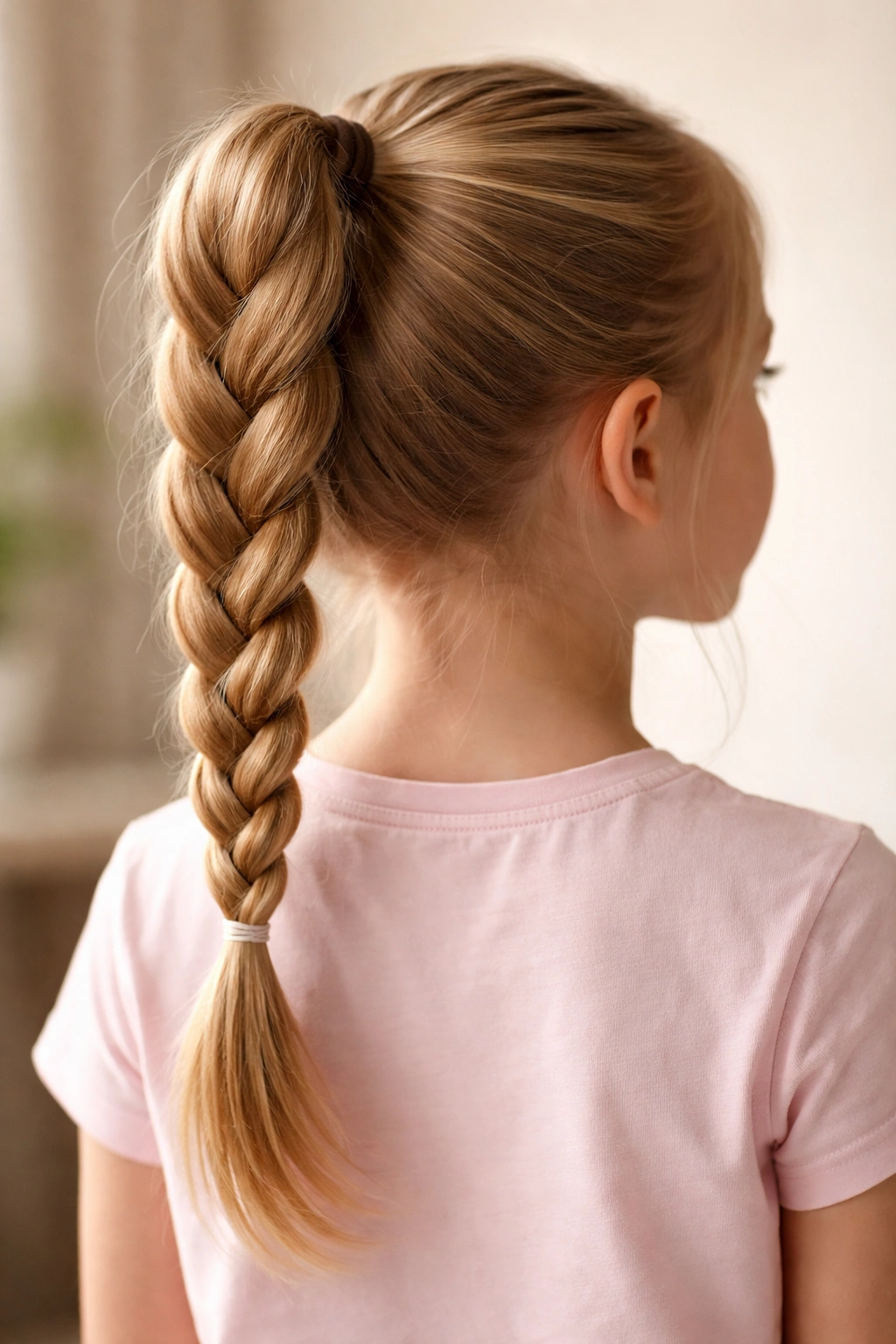 Close-up of a child's classic three-strand braided ponytail.