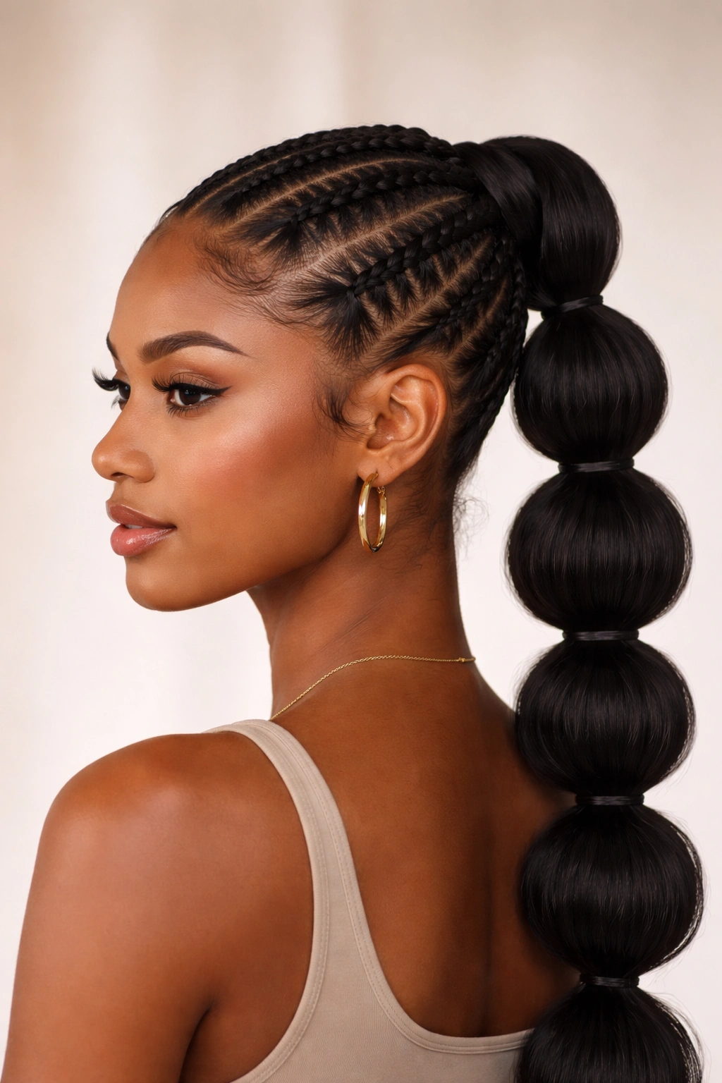 Portrait of three-strand cornrows stacked into a ponytail