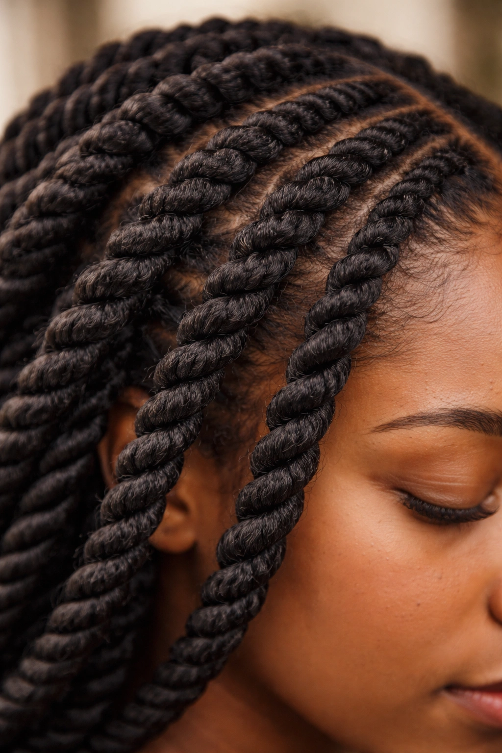Close-up of three-strand twists forming round, fuller strands.
