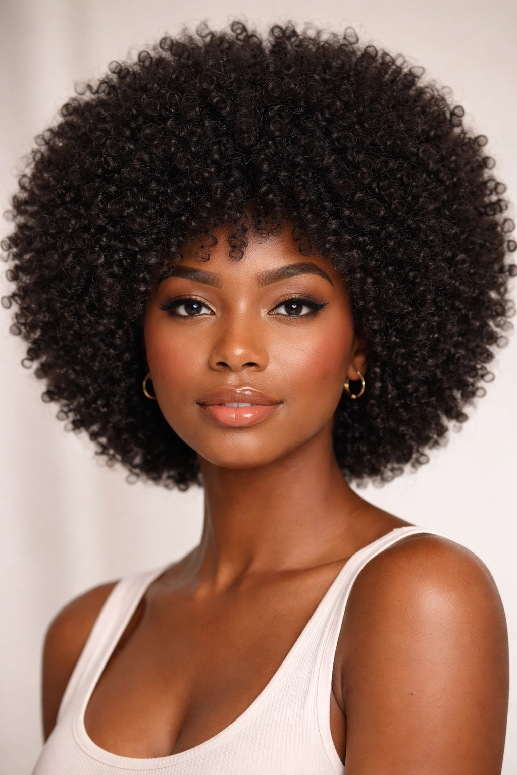 Dense tight coil afro wig forming a rounded silhouette