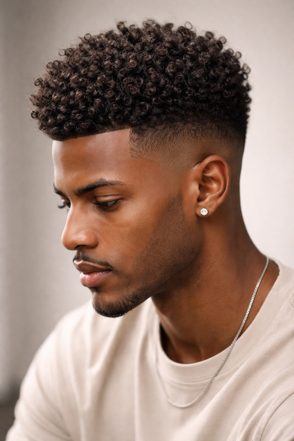 Close-up of tight coils on top with a high fade on the sides.