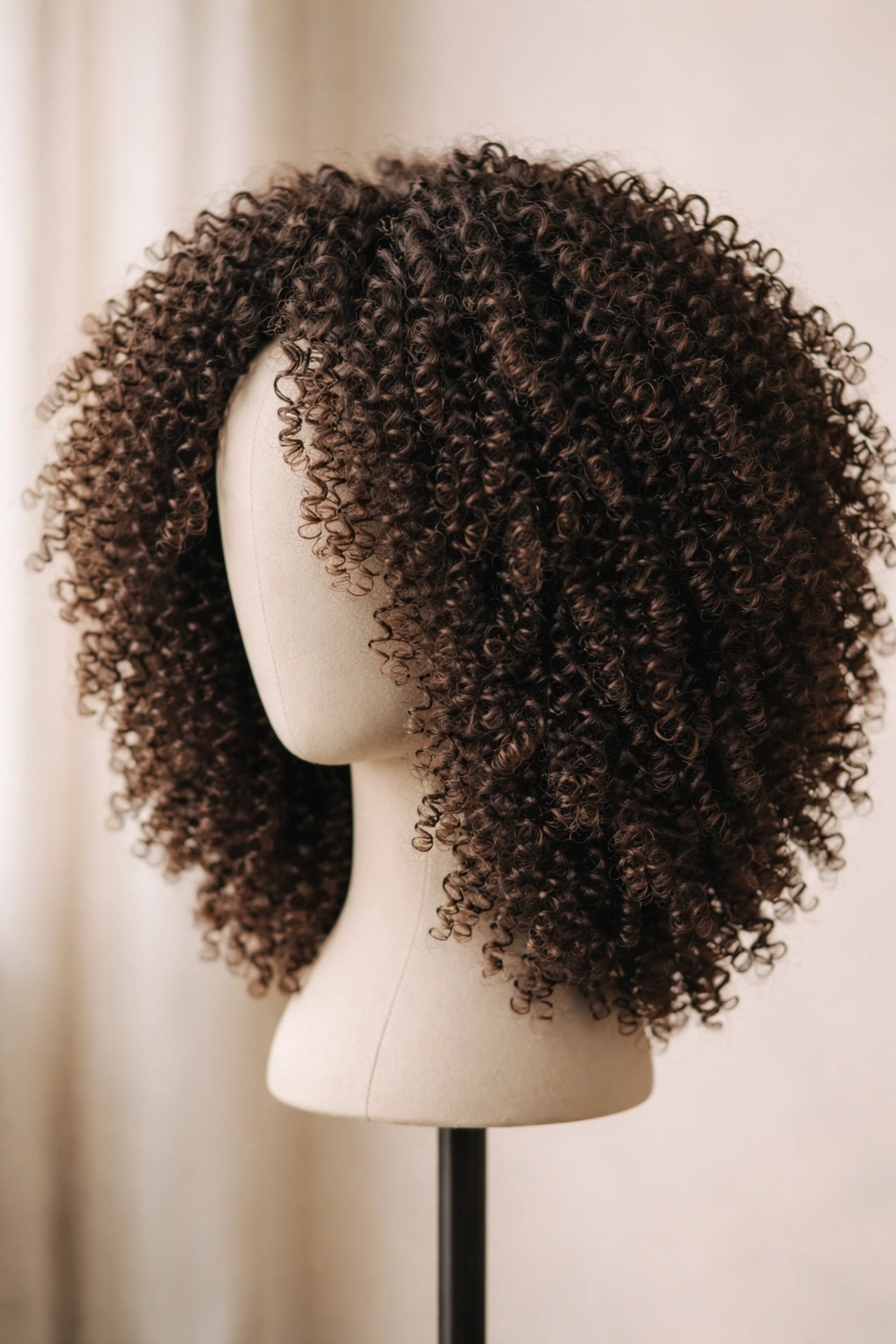 Close-up of a tight coily wig showing distinct, separated coils and natural shine.