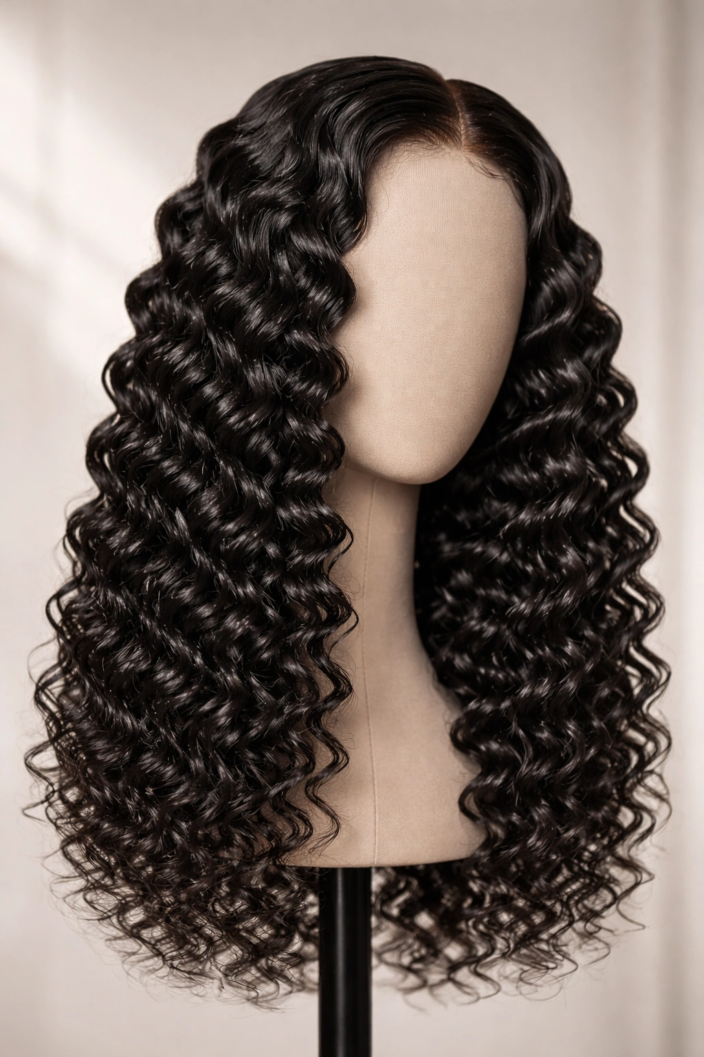 Wig on head form with tight, defined deep waves