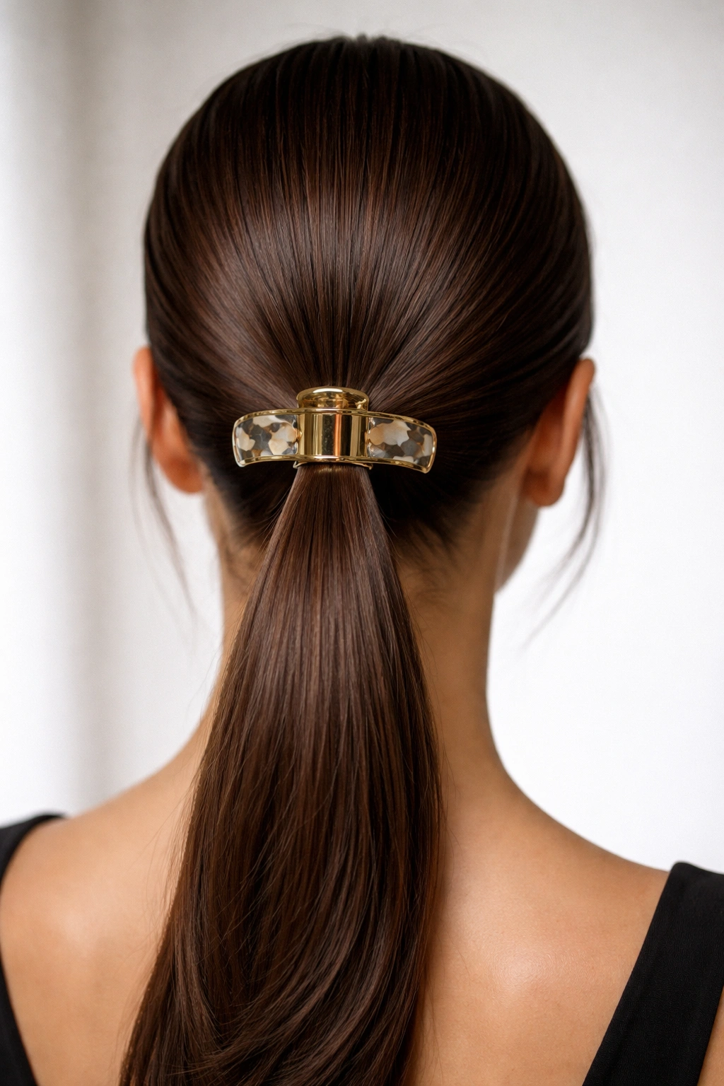 Close-up of Sleek Tight Low Ponytail with Claw Clip Accent showing taut hair and centered clip at the nape