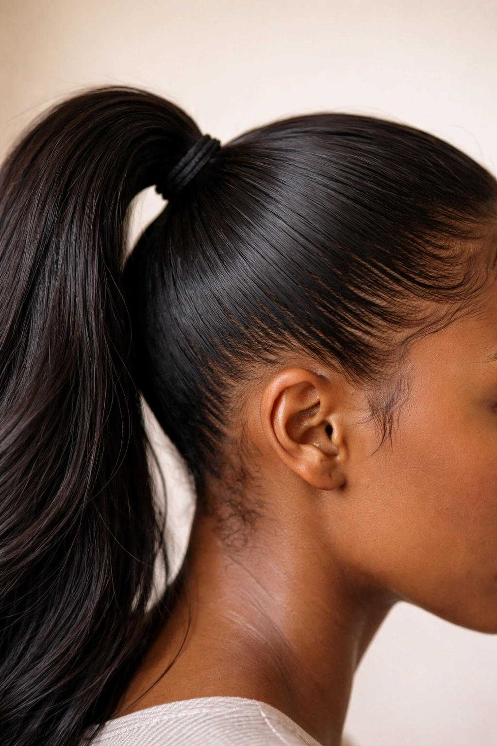 Close-up of a mid-height ponytail tied too tightly showing tension at the hairline.