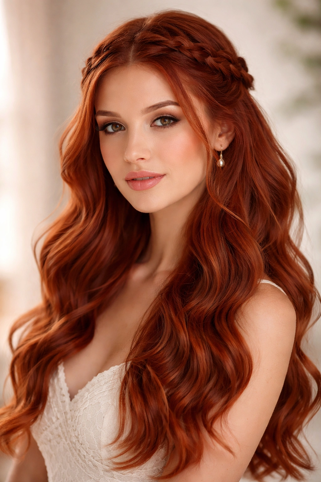 Tomato red waves with a braided crown around the head