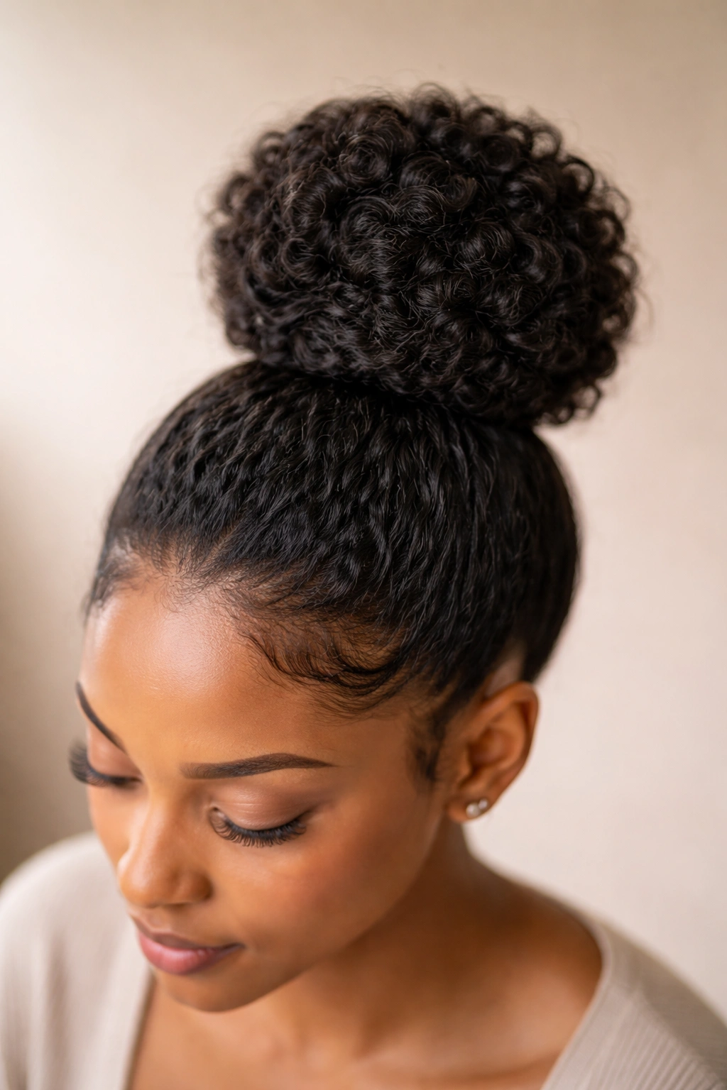 Close-up of a top knot bun at the crown with a rounded coil bundle.