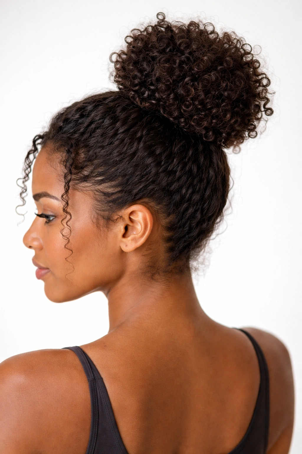 High top knot bun on curly hair with textured volume.
