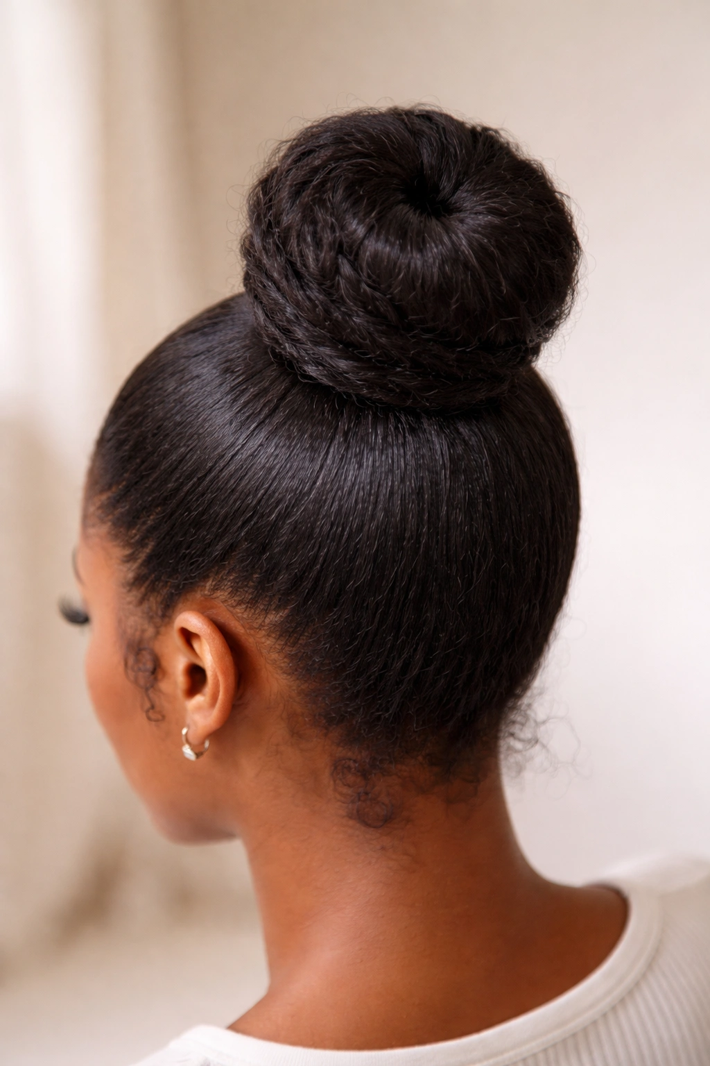High crown bun tightly wrapped into a compact knot