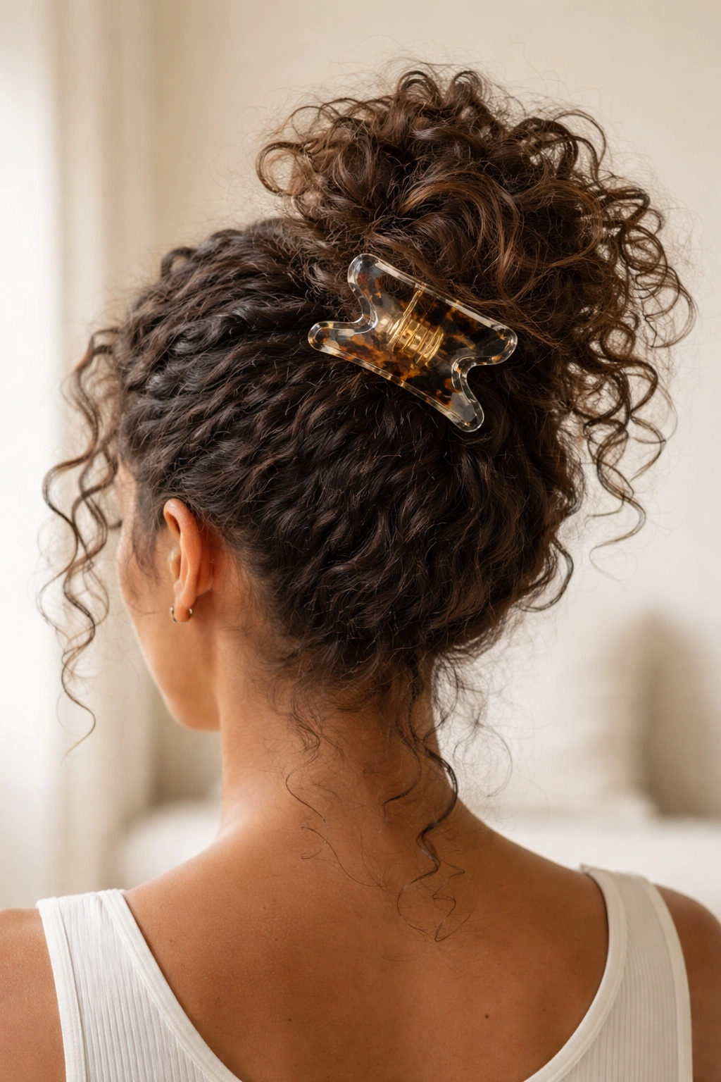 High textured top knot secured with an oversized claw clip, curls visible and not smoothed