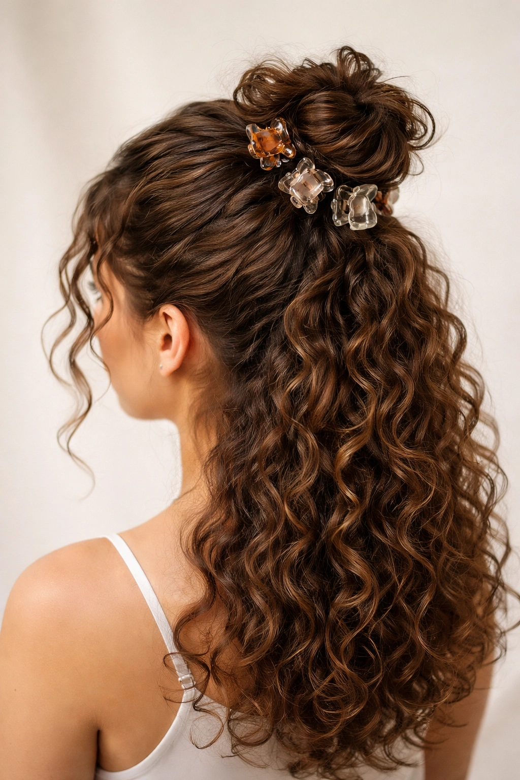 Top knot with clipped sections on greasy curls