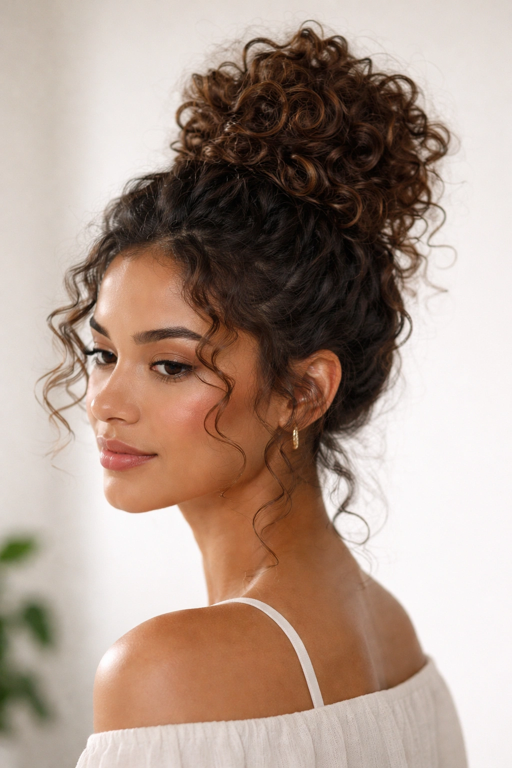 Voluminous textured top knot with curling strands around the knot