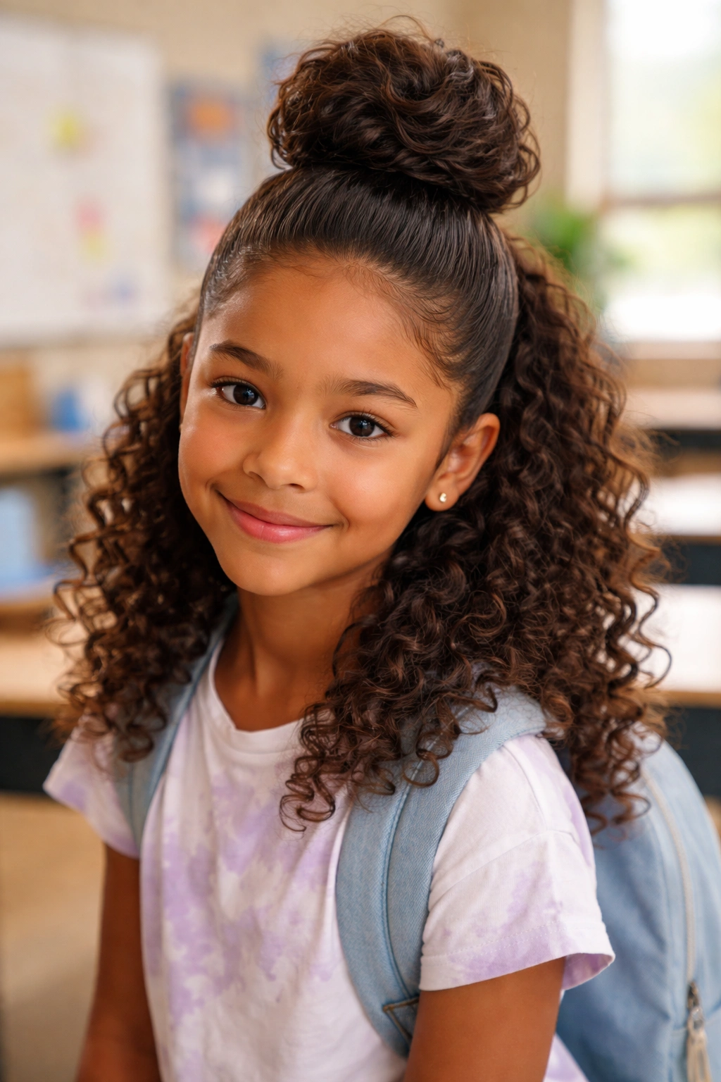 Top knot with slicked-back hair and loose curls