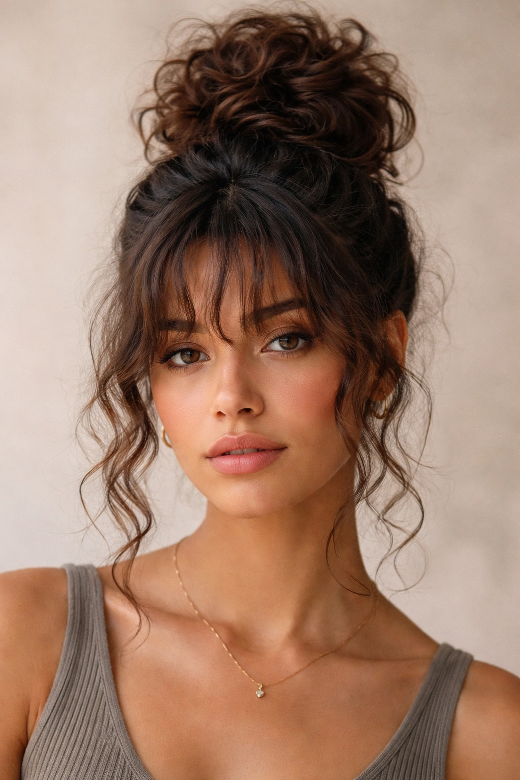 Curly hair high top knot with wispy bangs framing the face