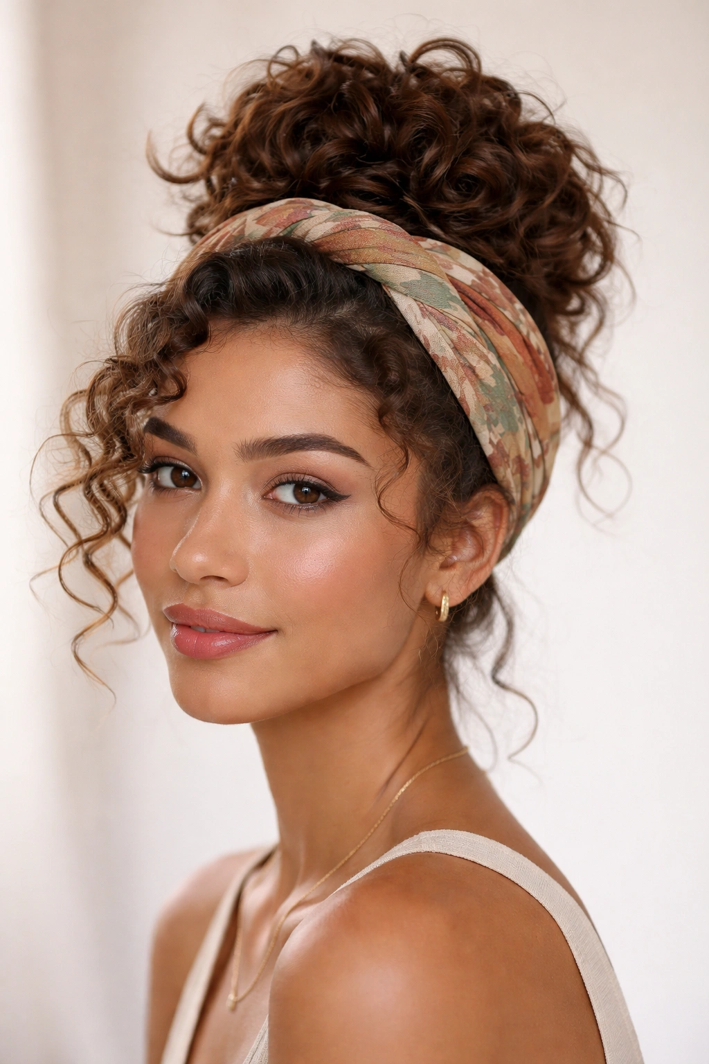 Top knot with fabric wrap headband on curly hair