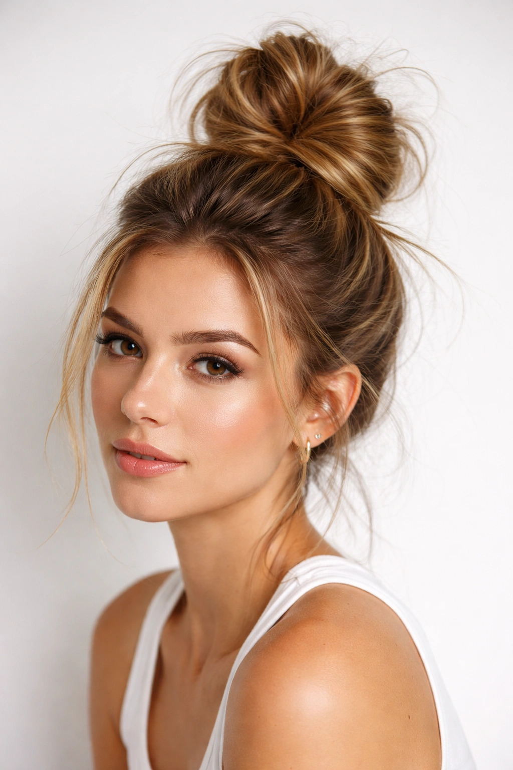 Messy top knot perched high on the crown with wisps