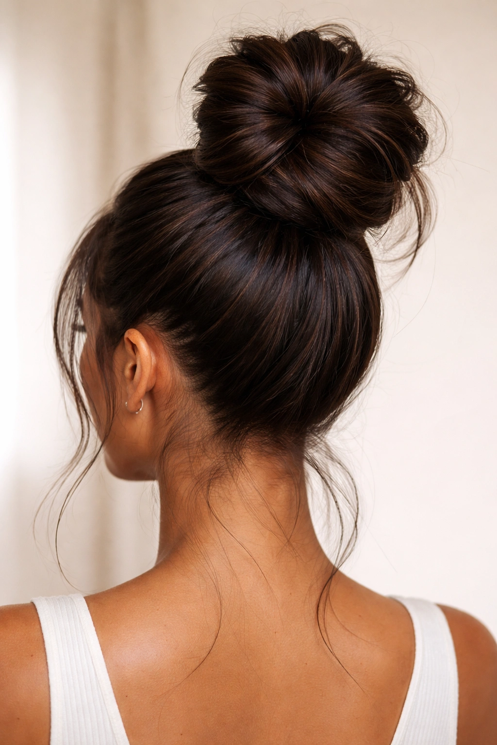 Back view of a top knot bun ponytail created from weave with a high crown