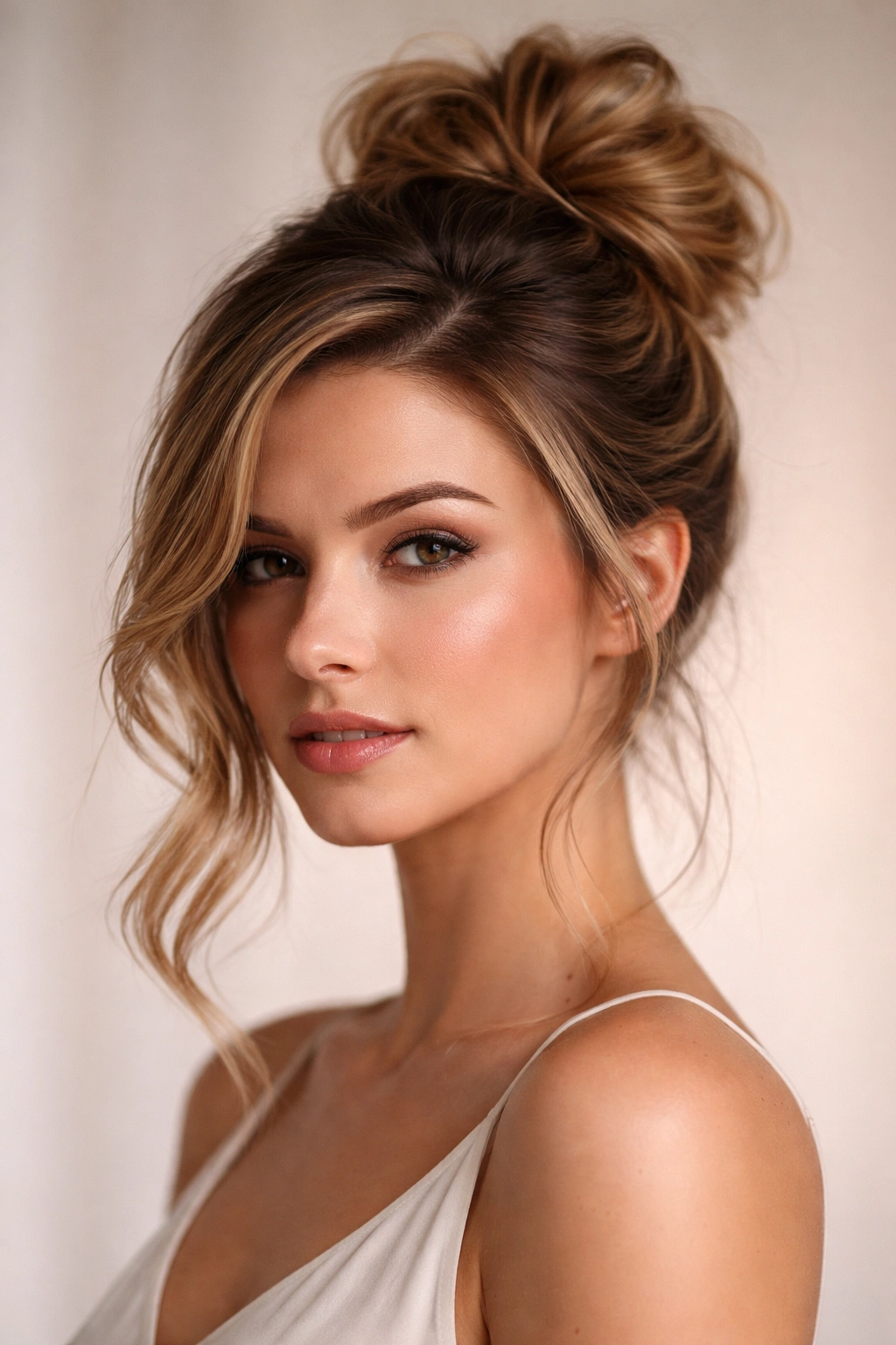 Close-up of crown-height textured top knot with side-swept layers and defined face framing