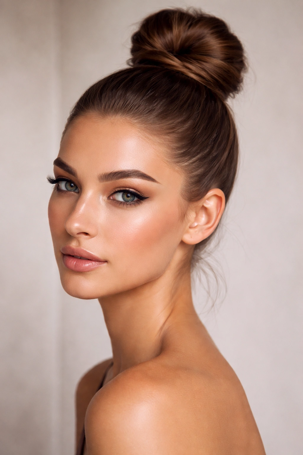 Top knot bun pulled tight into a precise crown knot