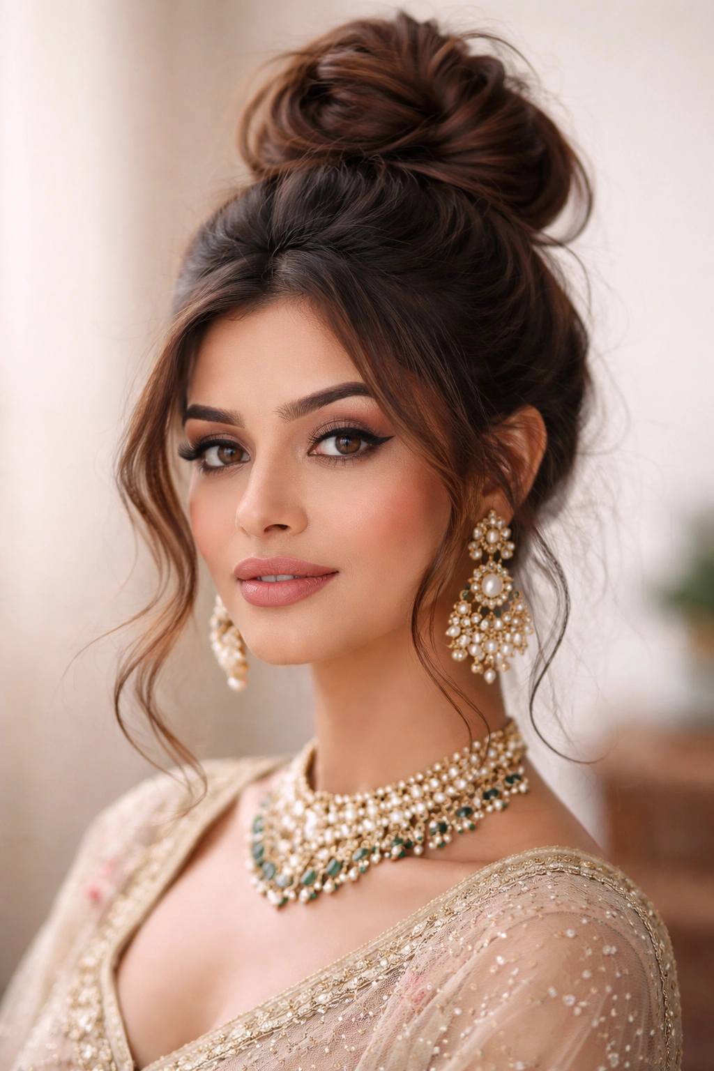 Top knot messy bun with loose waves at the crown