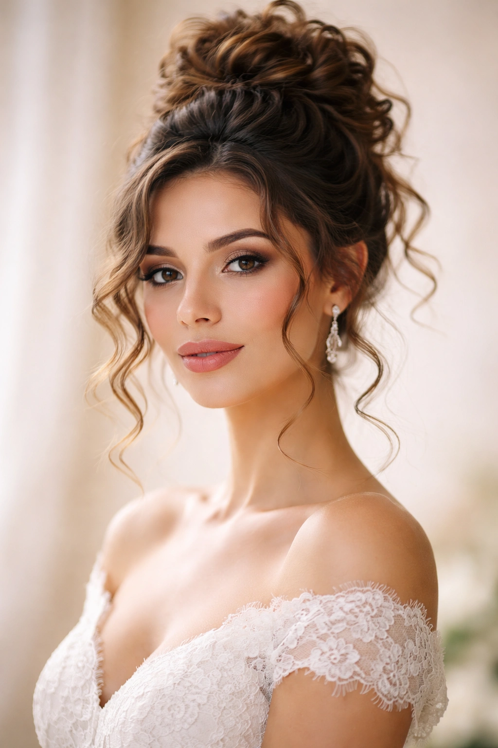 Close-up of bride with a high topknot and face-framing curls