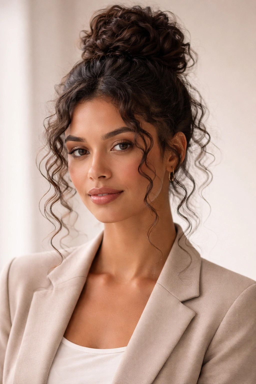 Topknot with loose tendrils framing the face in a professional setting