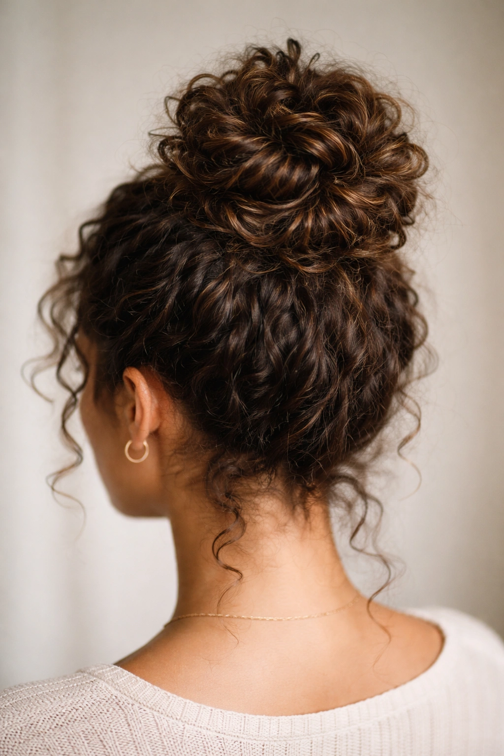Close-up of a wrapped curl topknot on curly hair, highlighting natural texture