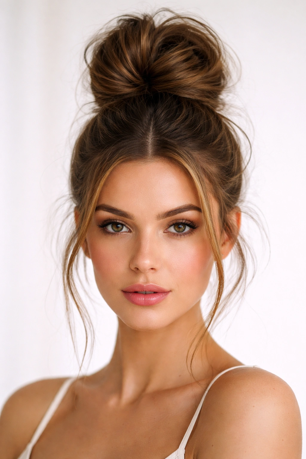 Close-up of a high crown topknot with a bold middle part and textured hair