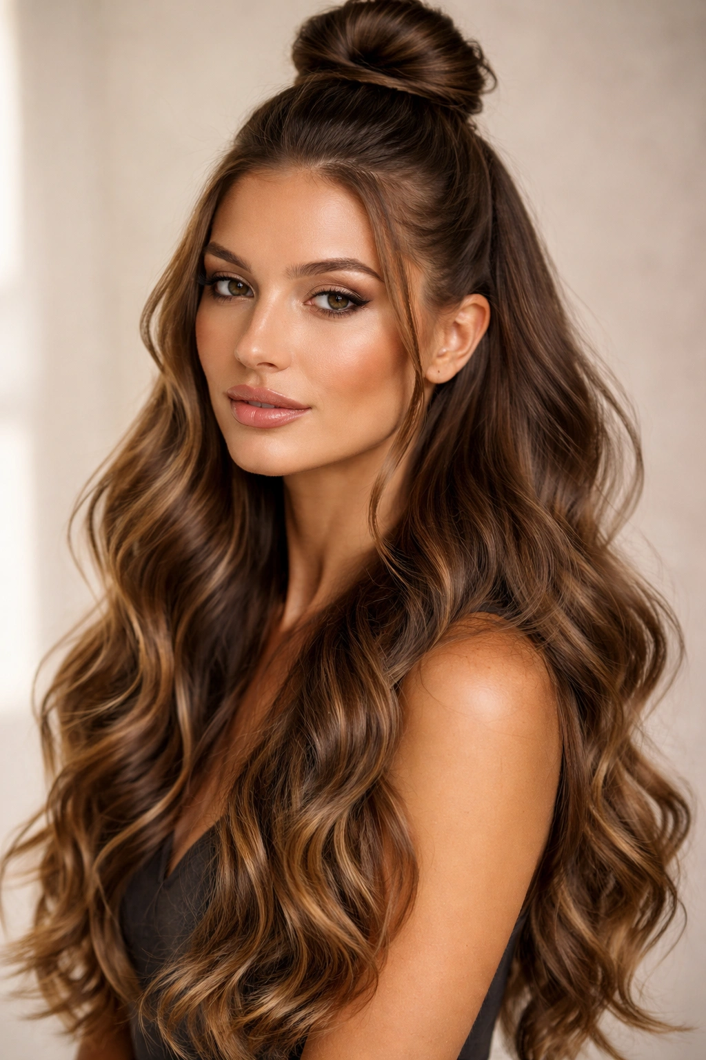 Waves beneath a high sleek topknot with a smooth crown