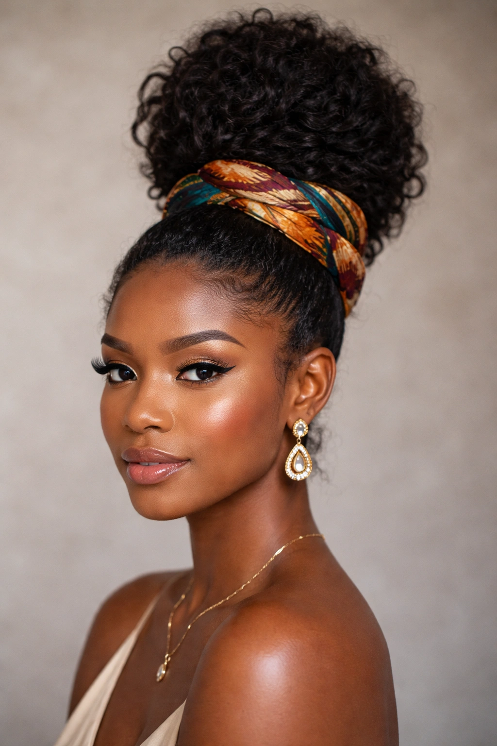 High topknot with a textured wrap around the base on natural hair.