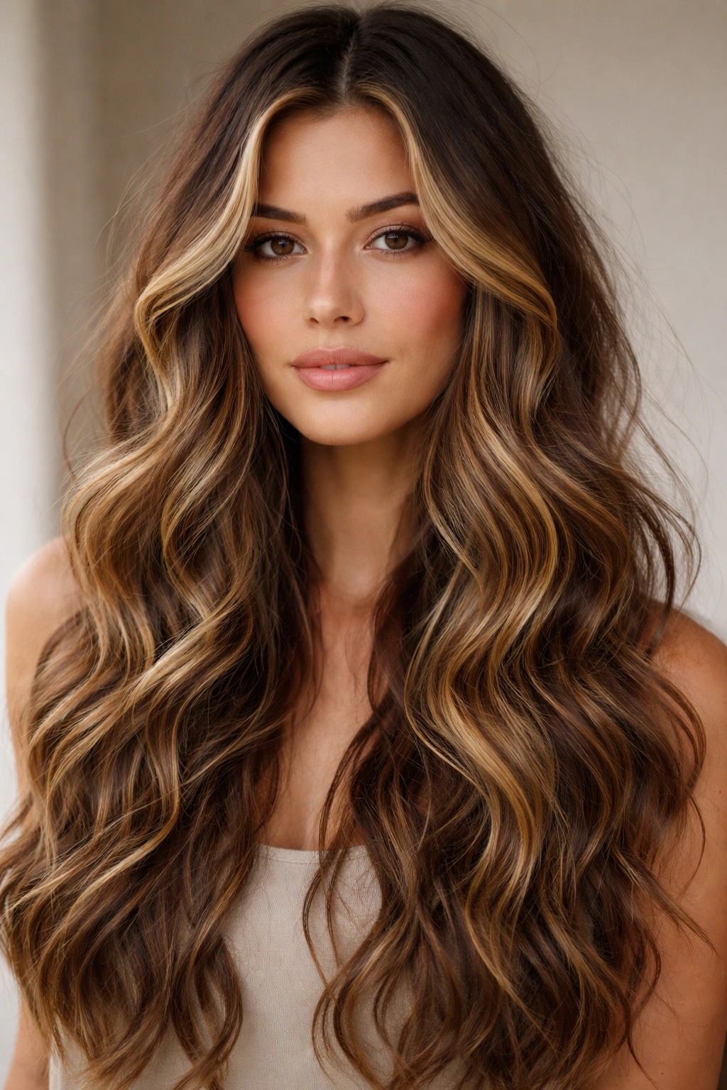 Close-up of long wavy hair with tortoiseshell highlights in gold, brown, and blonde tones