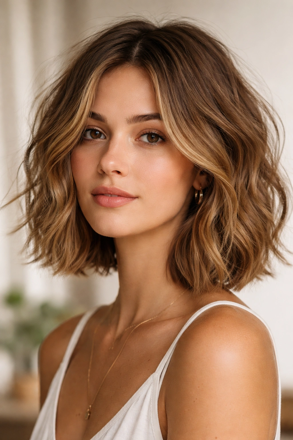 Close-up of long bob with loose beachy waves and minimal layers