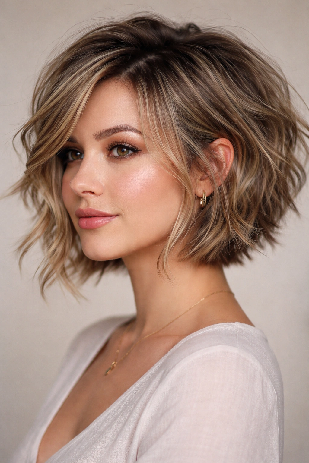 Model with tousled disconnected bob featuring lifted crown and longer face-framing pieces, showcasing texture for round faces