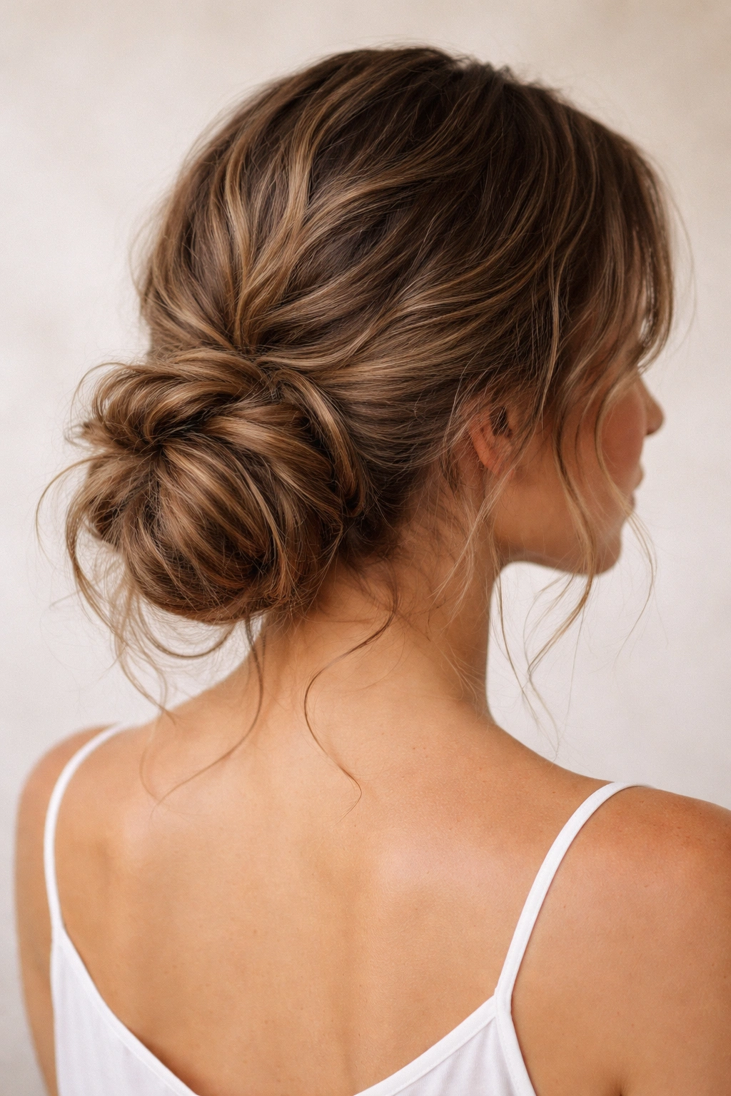 Close-up of a loose, textured low bun at the nape with wavy hair