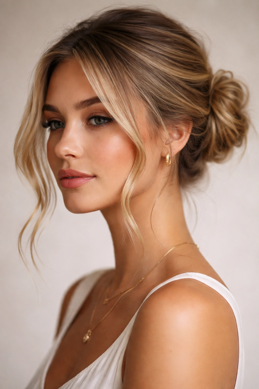 Close-up of a tousled wrapped bun with side-parted tendrils framing the face