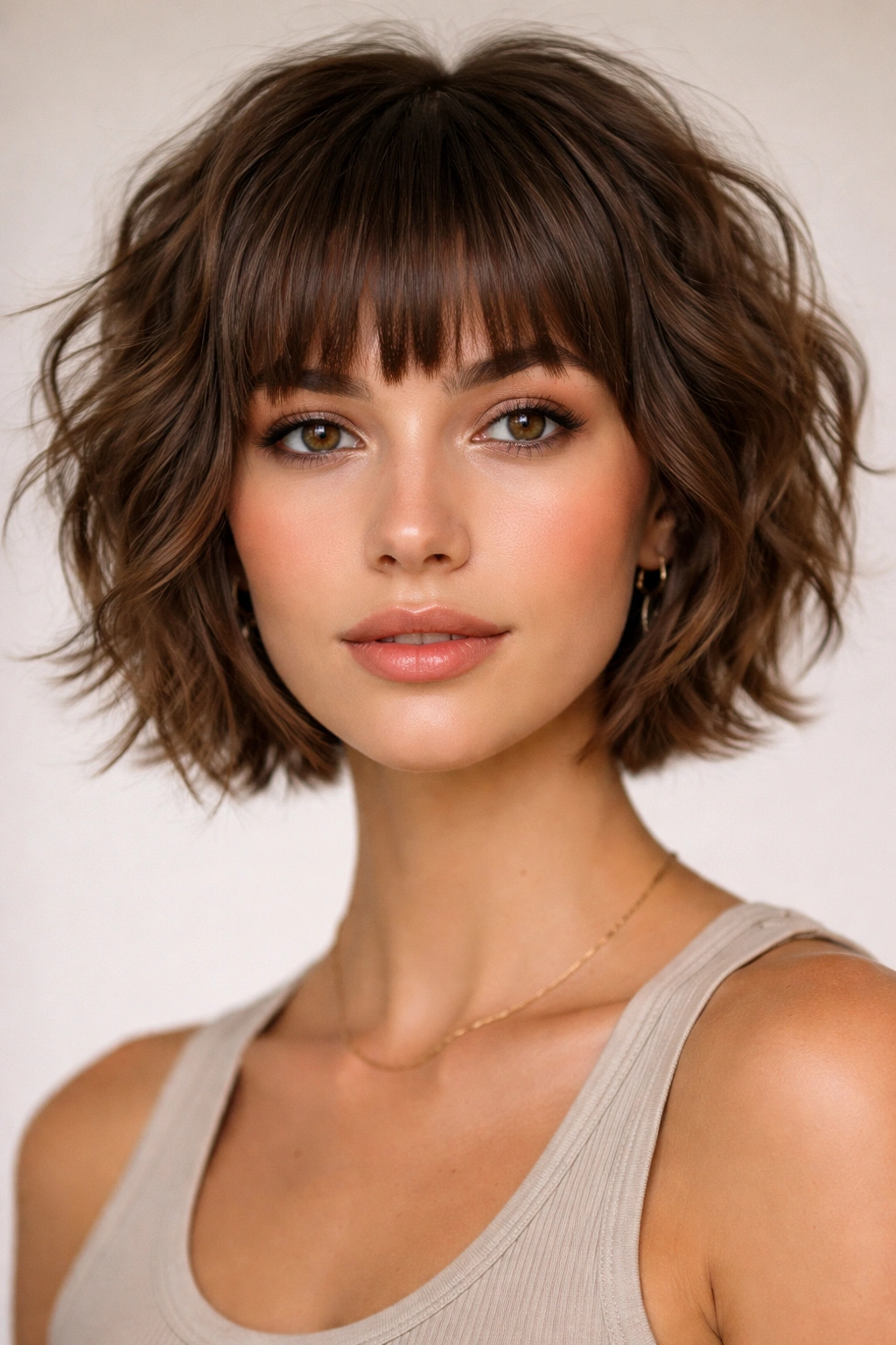 Close-up of a tousled crop with blunt bangs and textured waves