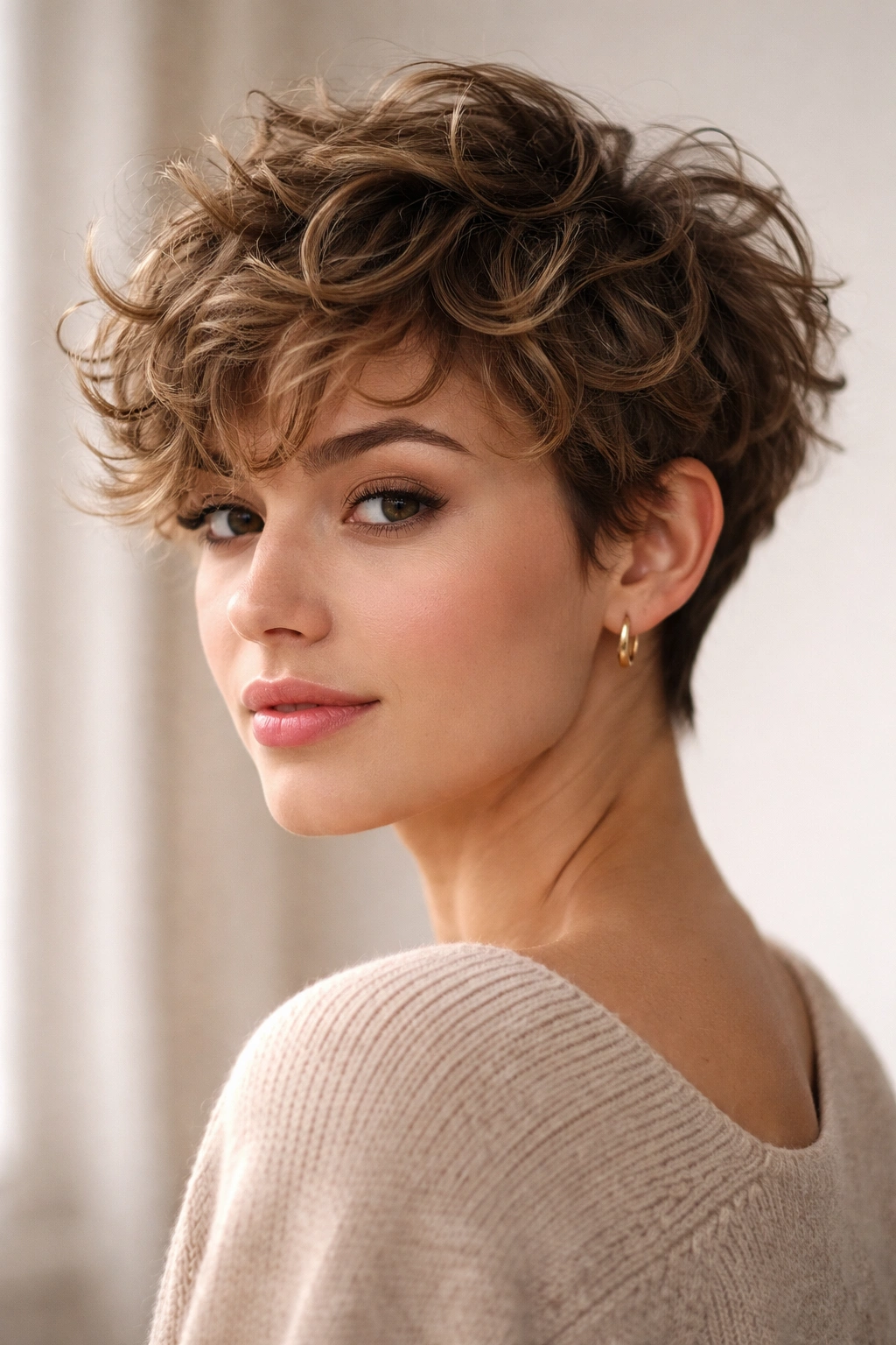 Close-up of a tousled curly pixie with textured, movement-filled hair.