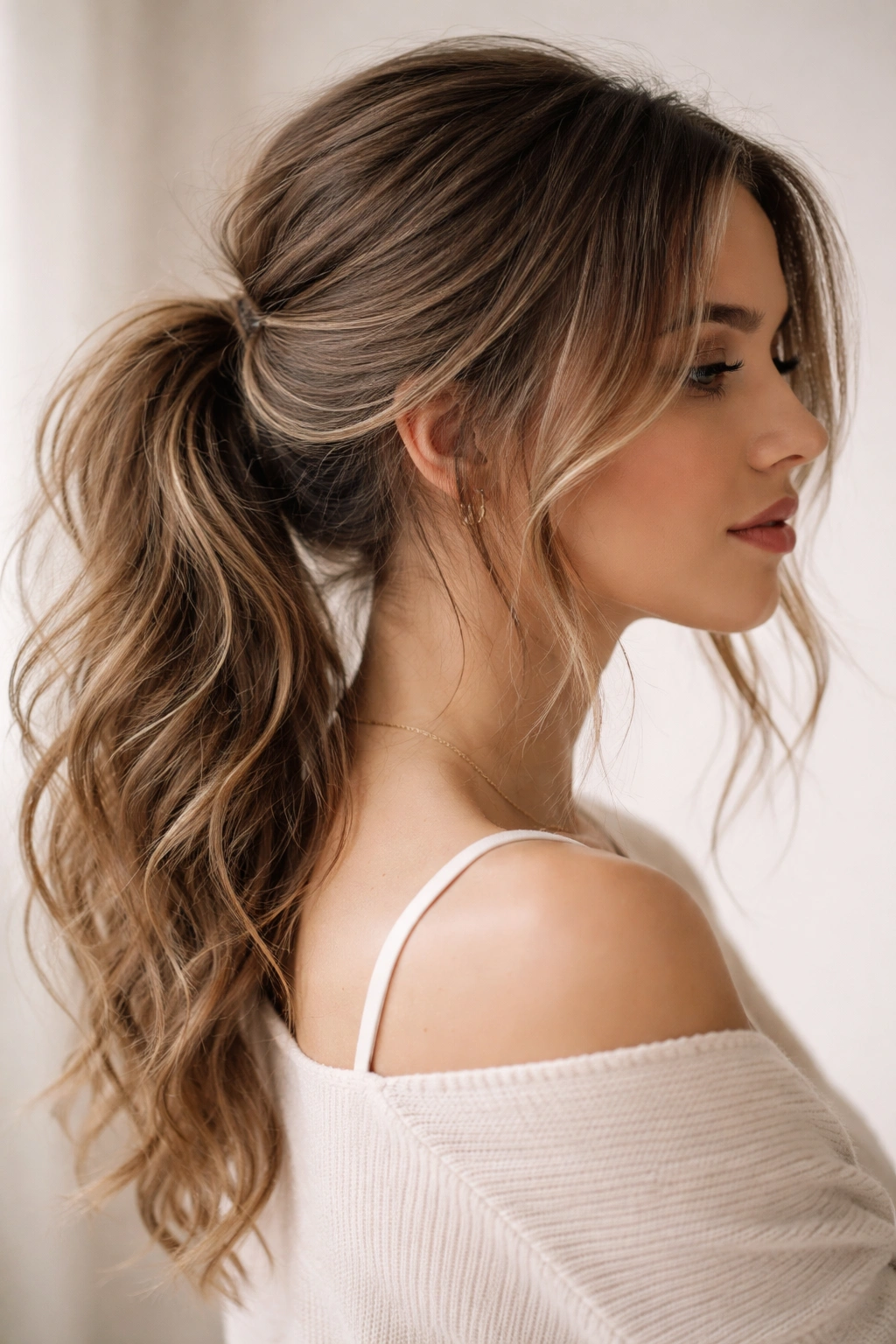 Half-secured low ponytail with loose waves around the face