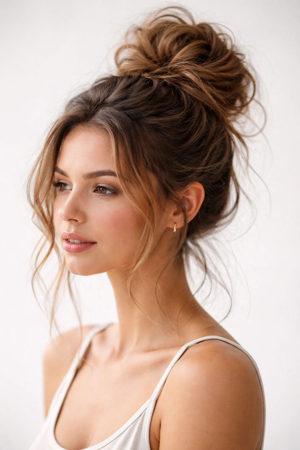 Tousled high bun with loose waves and flyaways on a wavy-haired person