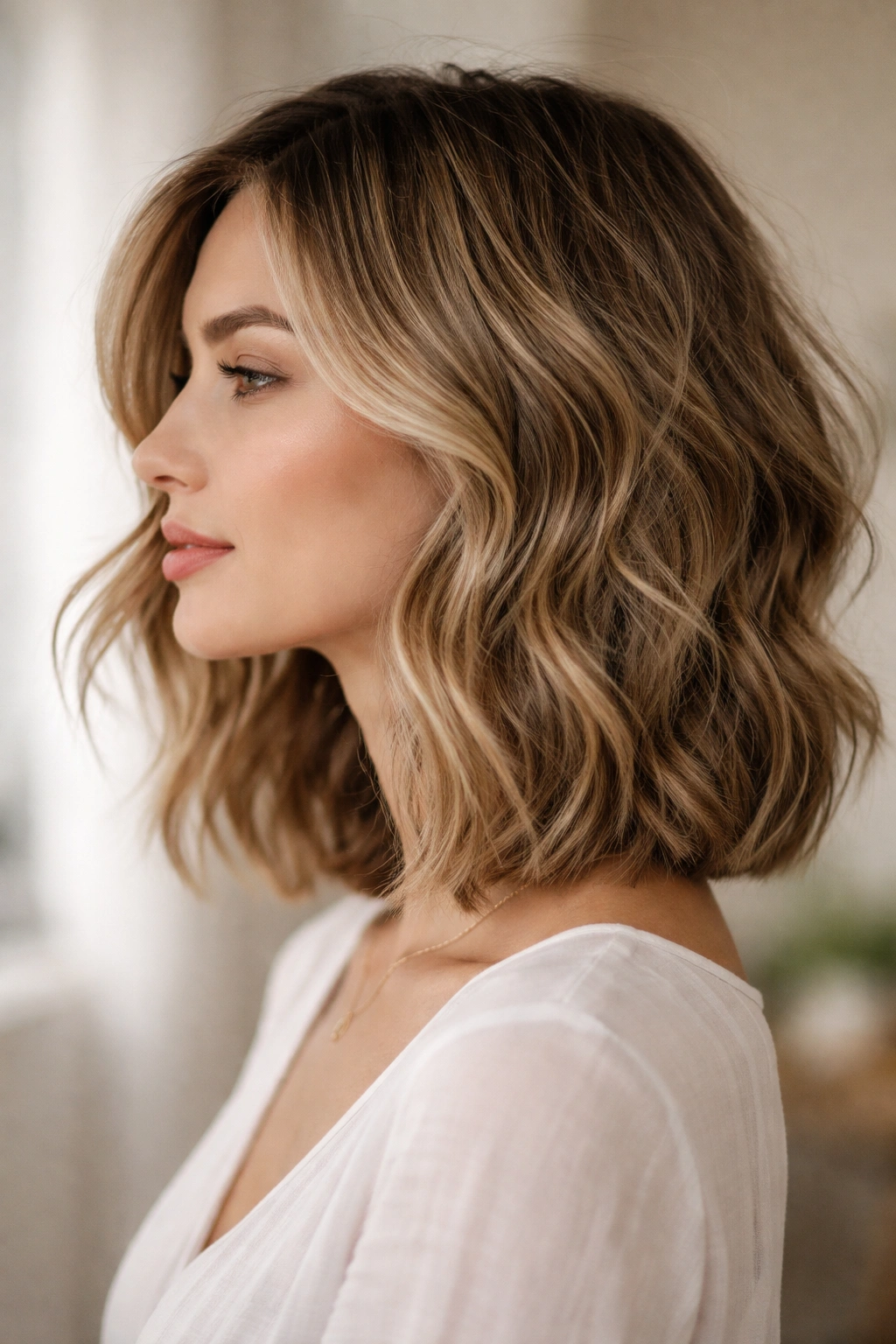 Side profile of a tousled lob with loose waves